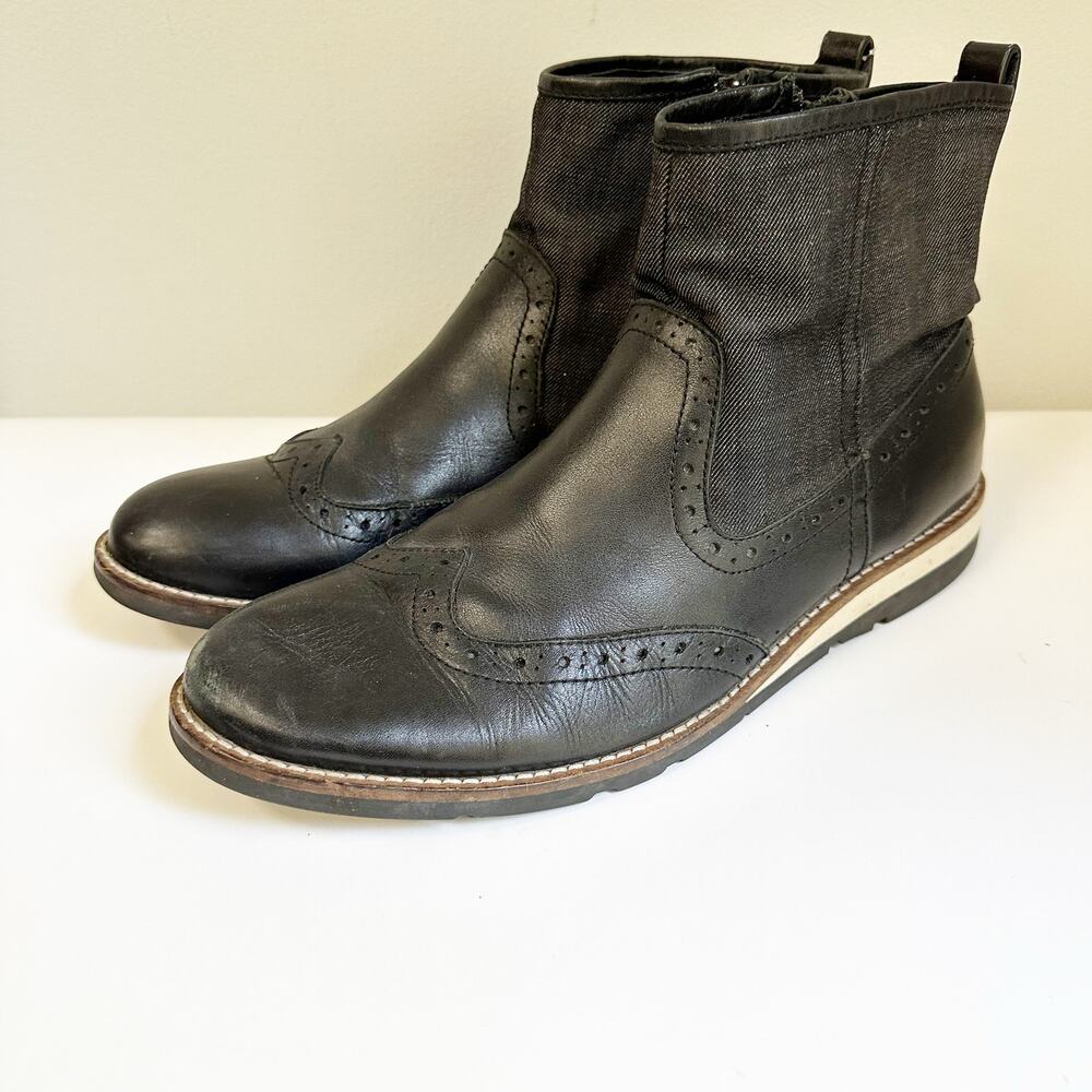 RUDSAK Men’s Black Leather Wingtip Brogue Chelsea Boots – Size 42 US 9